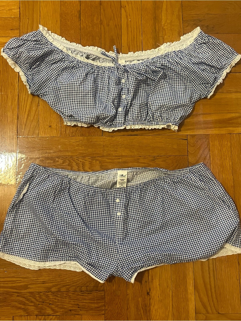 Frankie's Bikinis Blue Gingham Crop Top with Lace Trim - Picture 2 of 2